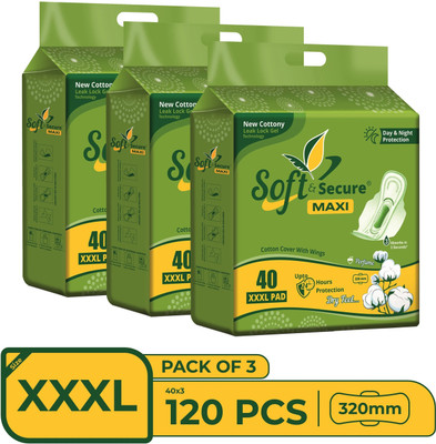 soft & secure Cotton Soft With Extra Gel Overnight Sanitary Pads Pack 3 (120 Pads) Sanitary Pad(Pack of 3)