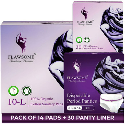 FLAWSOME Combo – 30 Liners, 4 XL Period Pants & 10 Pads | Organic, Rash-Free Sanitary Pad(Pack of 3)