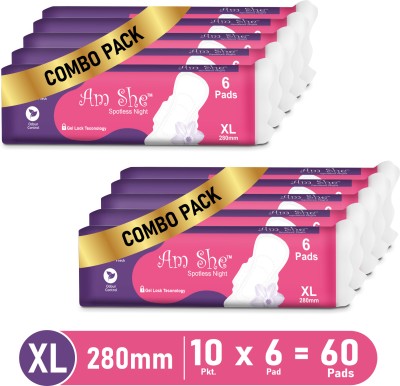 Am She Combo of 10 XL | Prevents Leakage | Dry Net Spotless Night | Women/Ladies Sanitary Pad(Pack of 60)