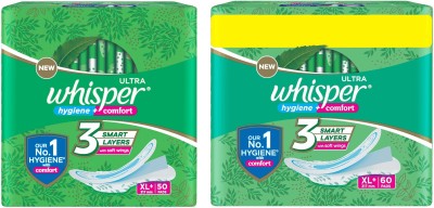 Whisper Ultra Clean Hygiene+Comfort XL+ 60+50 Pads 2pcs Sanitary Pad(Pack of 2)