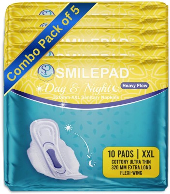 SMILEPAD Day and Night Combo Pack of 5, (XXL) Flexi Wings With 320mm Ultra Thin Sanitary Pad(Pack of 50)