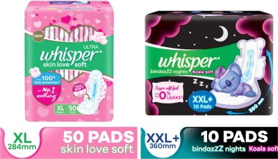 Whisper Ultra Softs XL 50s plus Bindazzz Nights Koala XXL+ 10s Sanitary Pad(Pack  of 60) - PaisaWapas