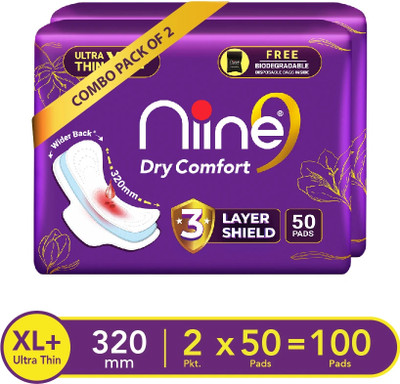 niine Dry Comfort Ultra Thin XL+ Sanitary Napkins With 3 Layer Shield for HEAVY FLOW Sanitary Pad(Pack of 100)