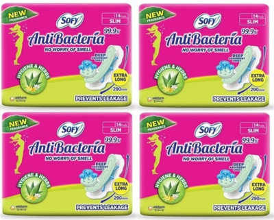SOFY Anti Bacteria Extra Long 280 mm XL - 14+14+14+14 Counts (Pack Of 4) Sanitary Pad(Pack of 4)