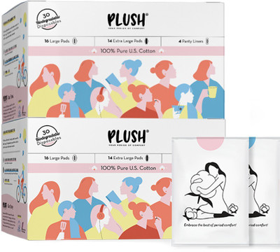 PLUSH Ultra thin Pure U.S. Cotton Sanitary Pads | Curated edition with Large & Extra Large pads | With Individual biodegradable pouches inside-| Pack of 30*2 Sanitary Pad(Pack of 2) PLUSH Ultra thin Pure U.S. Cotton Sanitary Pads | Curated edition with Large & Extra Large pads | With Individual biodegradable pouches inside-| Pack of 30*2 Sanitary Pad(Pack of 2)