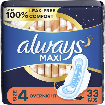 Always Maxi Pads Overnight W/Flexi-Wings Unscented, 33 Count Sanitary Pad