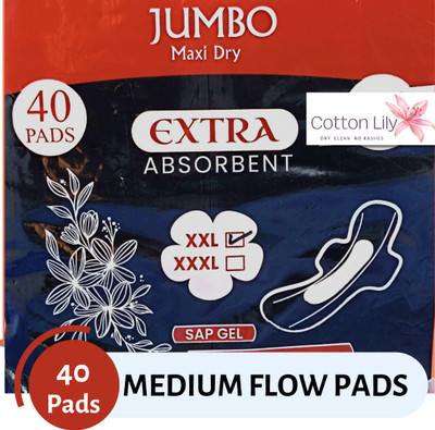 Cotton Lily Jumbo Pads - 28cm, 200ml Absorbent, Strong glue & Rash-Free for Medium Flow Sanitary Pad(Pack of 40)
