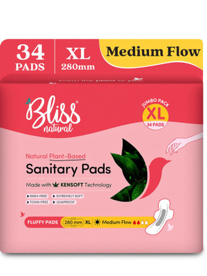 BlissNatural Ultra Soft XL 280mm | Value Pack | Medium Flow | Rash-Free & All Day Comfort Sanitary Pad(Pack of 34)