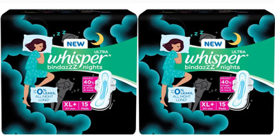 Whisper Ultra bindazzZ Nights 317mm Sanitary Pads for Women, XL PLUS – 15+15 Sanitary Pad (Pack of 2)