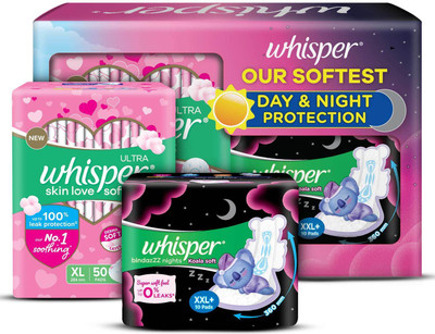 Whisper Ultra Softs XL 50s plus Bindazzz Nights Koala XXL+ 10s Sanitary Pad(Pack of 60)