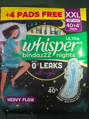 Whisper bindazzz ultra all night heavy flow 0 leaks 44 pcs pkt iuvf 339 Sanitary Pad(Pack of 44)