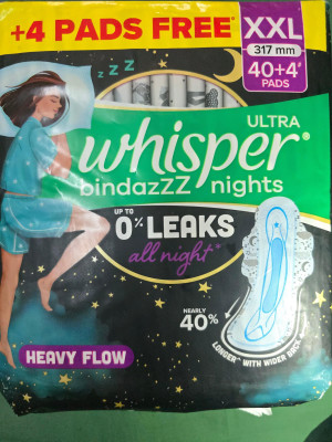 Whisper bindazzz ultra all night heavy flow 0 leaks 44 pcs pkt gtre 10 Sanitary Pad(Pack of 44)