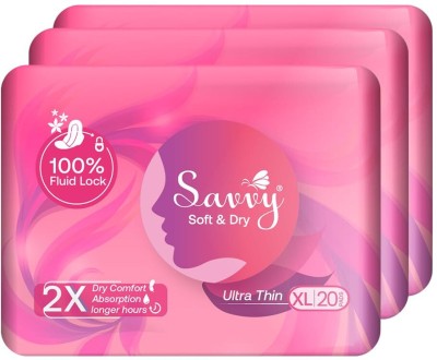 Savvy Ultra Thin XL (280mm)For Heavy Flow|Leaklock|Wider Wings|Absorption - Combo of 3 Sanitary Pad(Pack of 60)