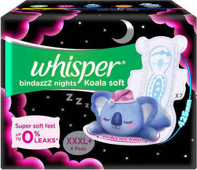 Whisper Ultra Night Bindazzz Nights Koala Soft Sanitary Pads, XXXL Plus – 8 Napkins Sanitary Pad (Pack of 8)