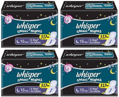 Whisper Maxi Nights XL Wings Extra Heavyflow 317 mm - 15x4 Pcs Sanitary Pad(Pack of 4)