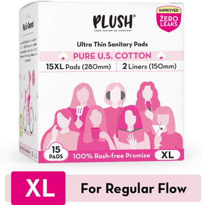 PLUSH 100% Pure U.S. Cotton Rash Free, Heavy Flow (15 XL Pads & 2 Liners) Sanitary Pad Sanitary Pad(Pack of 15)