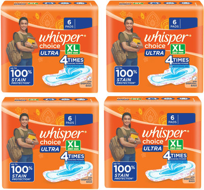 Whisper CHOICE ULTRA XL 280 mm - 6+6+6+6 Sanitary Pad(Pack of 4)