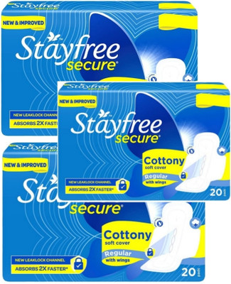 STAYFREE Secure Cottony Soft Cover Regular With Wings 18+18+18 N Sanitary Pad(Pack of 3)