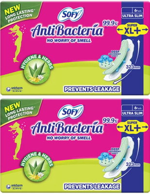 SOFY AntiBacteria ULTRA SLIM SUPER XL+ ( 6+6 pads - 323mm ) Sanitary Pad(Pack of 12)