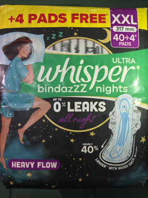 Whisper bindazzz ultra all night heavy flow 0 leaks 44 pcs pkt ydtmj 376 Sanitary Pad(Pack of 44)
