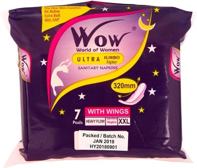 WOW Ultra Jumbo Nighter Extra Soft and Comfort Day Night XXL Sanitary Pads/Napkins for Women Ultra thin Dry Coverage Organic and rash Free Disposable Pads- Ultra Premium Ultra Soft, Pack of 10 (70 Pads) Sanitary Pad(Pack of 10)