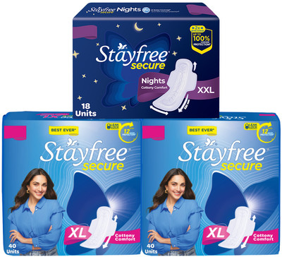 STAYFREE Secure Cottony Comfort XL 40 (pack of 2)+ Secure Nights XXL 18| Day & Night Pack Sanitary Pad(Pack of 98)