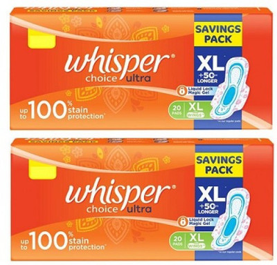 Whisper Choice ULTRA XL, Each Pack 20 Sanitary Pad(Pack of 40)