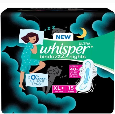 Whisper Ultra bindazzZ Nights 317mm Sanitary Pads for Women, XL PLUS – 15 Napkins Sanitary Pad