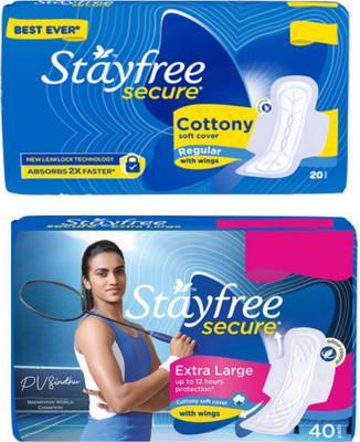 STAYFREE Secure cottny Regular 20 + Secure cottony Xl 40 pad Pack of 2 Sanitary Pad(Pack of 2)