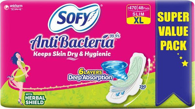 SOFY AntiBacteria Keeps Skin Dry & Hygienic 6 Layers Deep Absorption Pads Slim Sanitary Pad(Pack of 48)