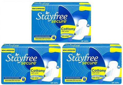 STAYFREE SECURE COTTONY SOFT COVER 18x3 REGULAR 230MM PADS WITH WINGS Sanitary Pad(Pack of 54)