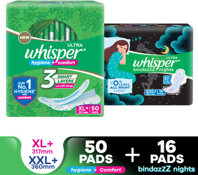 Whisper Ultra Clean XL+ Pack of 50 Napkins + Bindazzz Nights XXL+ Pack of 16 Napkins Sanitary Pad(Pack of 66)