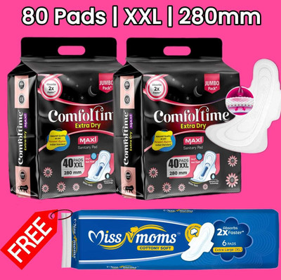 comfortime Extra dry, XXL(80 PADS, 280mm) Heavy Flow pads, Jumbo pack of-2 Sanitary Pad(Pack of 80)