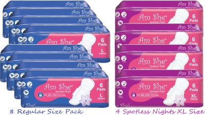 Am She Combo of 8 Regular 4 XL | Dry Net Spotless Night | Women/Ladies Sanitary Pad(Pack of 72)