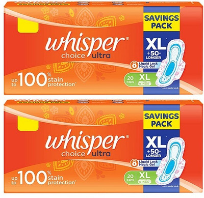 Whisper choice ultra +50mm Longer XL - 20x2 Pcs Sanitary Pad(Pack of 2)
