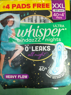Whisper bindazzz ultra all night heavy flow 0 leaks 44 pcs pkt gtre 46 Sanitary Pad(Pack of 44)