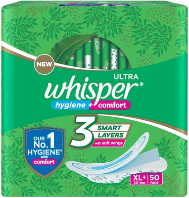 Whisper ULTRA HYGIENE+COMFORT, 3-SMART LAYERS WITH SOFT WINGS XL+ 50 PADS Sanitary Pad(Pack of 50)