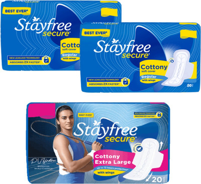 STAYFREE Secure cottny Regular 20+20 + Secure cottony Xl 20 pad Pack of 3 Sanitary Pad(Pack of 3)