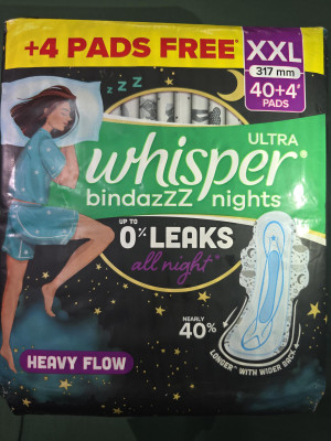 Whisper bindazzz ultra all night heavy flow 0 leaks 44 pcs pkt dtrse 243 Sanitary Pad(Pack of 44)