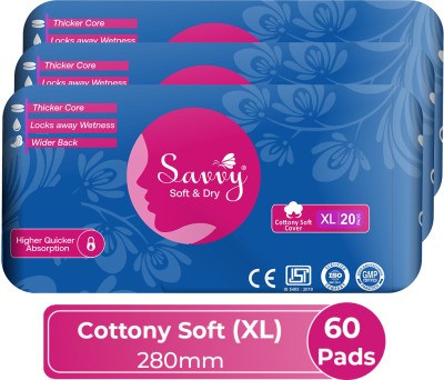 Savvy Maxi Cotton XL-280mm|Heavy Flow|Leakage Protection|Wider Wings|Absorb-Combo of 3 Sanitary Pad(Pack of 60)