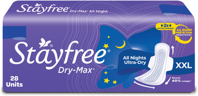 STAYFREE Dry-Max All Nights| All round protection through the night| 2x better coverage Sanitary Pad(Pack of 28)