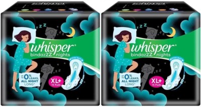 Whisper Bindazzz Night Sanitary Pads Pack of 15+15 thin Pads(XL+) Sanitary Pad(Pack of 30)