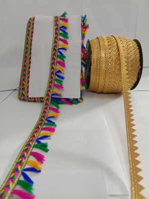 PACHRANGI FASHION FAB BAZAAR Lace 1cm.gold tipki samosu)(3.4cm.Multi color fhumki)COMBO PACK(9+9=18 meter) Lace, Cotton Blend Saree Falls(Multicolor, Gold)