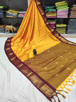 Fab Silk Embroidered Kanjivaram Silk Blend Saree(Gold, Maroon)