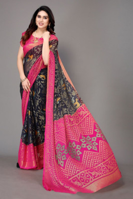 VISIONEMBRO Printed Bollywood Brasso Saree(Black, Pink)