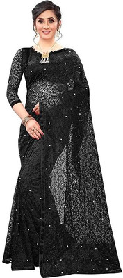 Vragi Floral Print Bollywood Net Saree(Black)