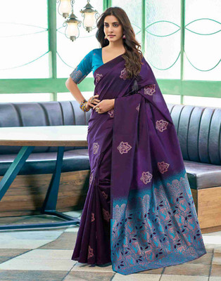 Anjaneya Sarees Woven Banarasi Silk Blend Saree(Purple)