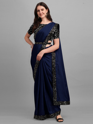 Parmila Fashion Embellished Bollywood Silk Blend Saree(Dark Blue)