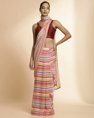 SHOBHTESH Striped Bollywood Georgette Saree(Red)