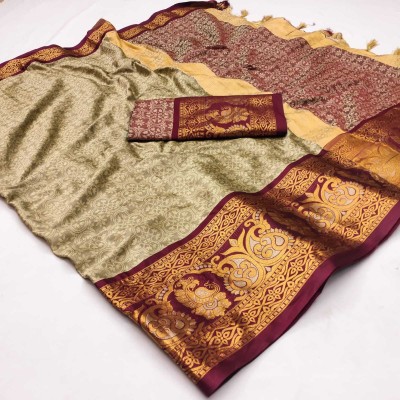 SHWENILA Printed, Temple Border, Woven Banarasi Cotton Silk Saree(Brown)